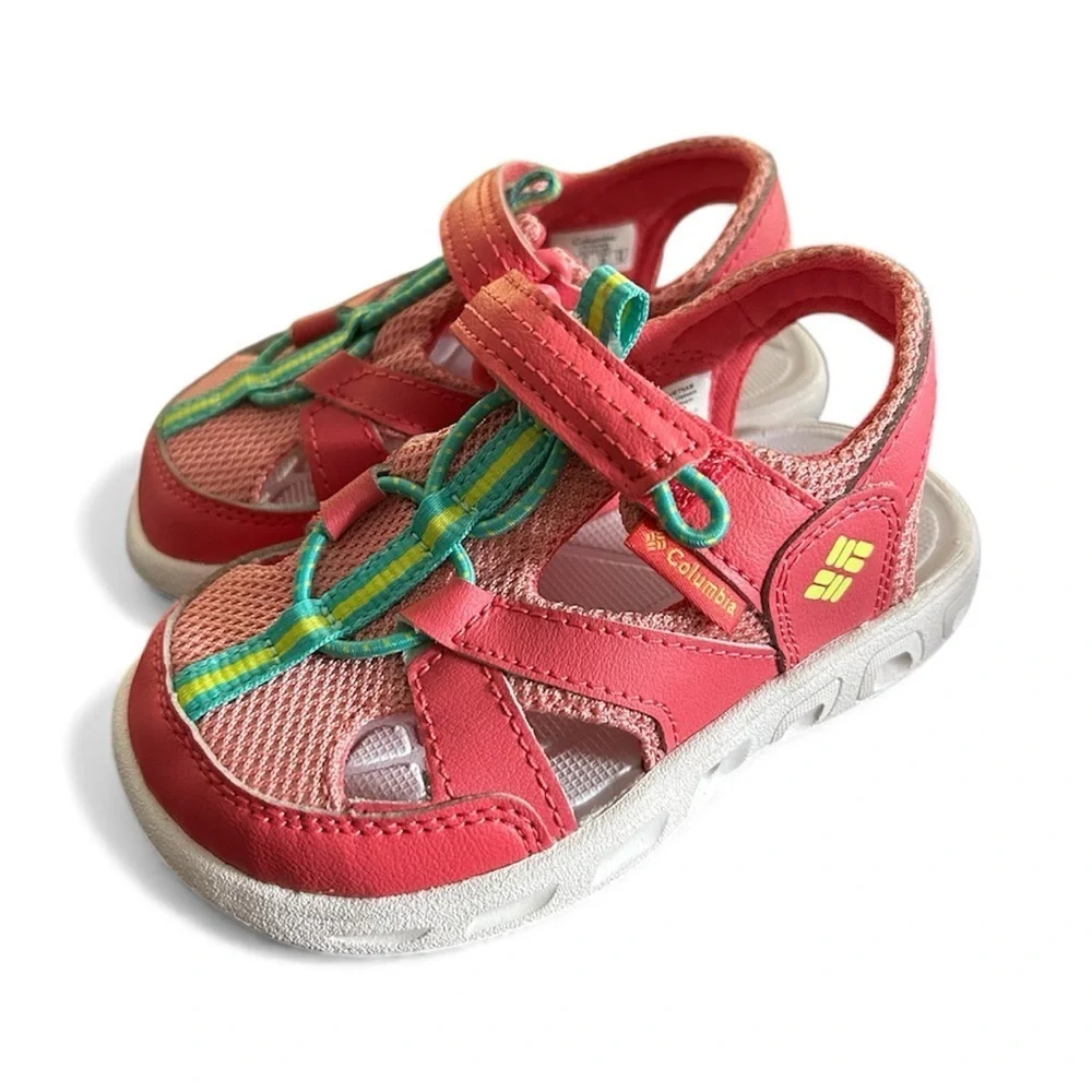 Columbia Techsun Wave girls coral sandals with teal yellow accents sz 9 new,,3A